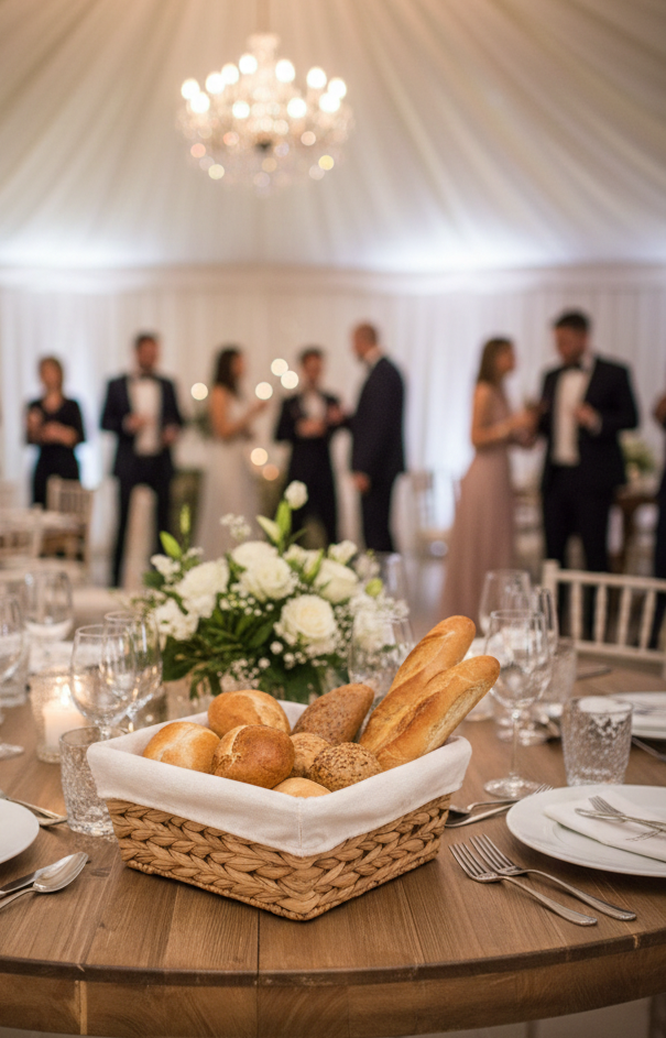 Coș de pâine împletit, de la PIM MOOD Events, recipient elegant pentru servire chifle și baghete, accesorii masă evenimente premium
